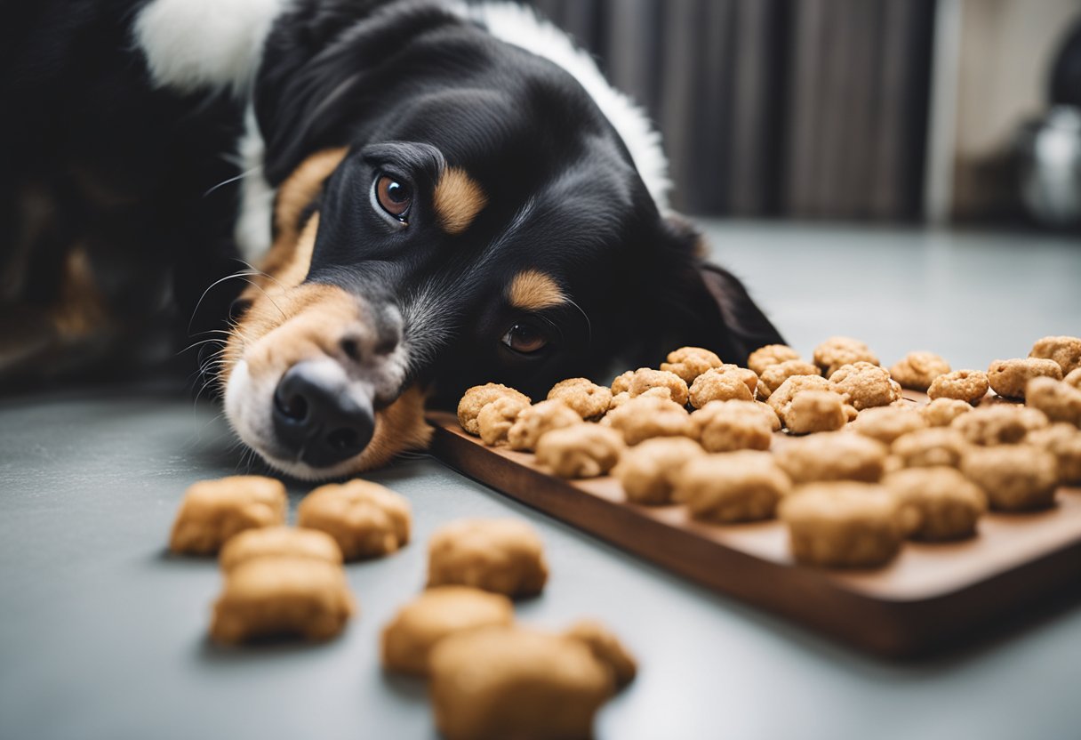 A dog lying on its side, head up, looking at a treat. Trainer's hand holding treat above dog's head, guiding it to roll onto its back