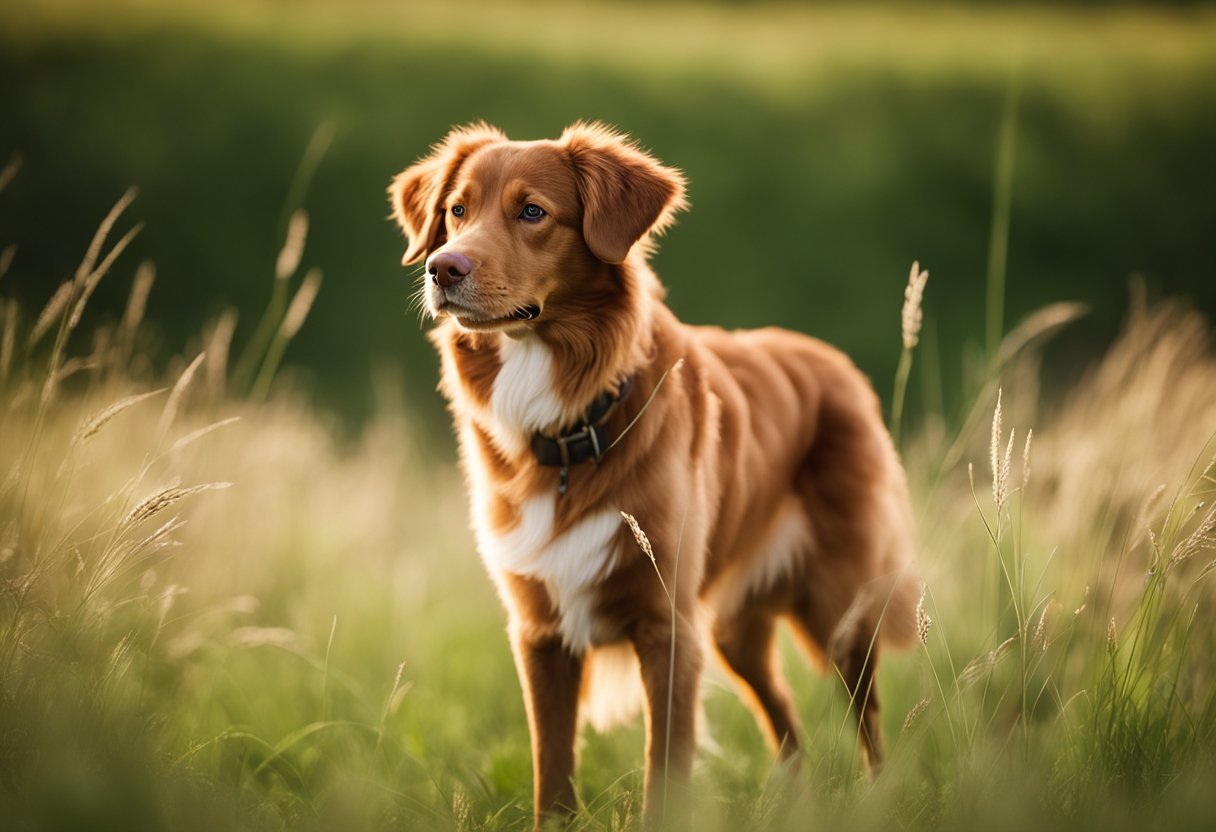 A Nova Scotia Duck Tolling Retriever stands alert, tail wagging, in a field of tall grass. Its ears perk up as it watches a flock of birds flying overhead