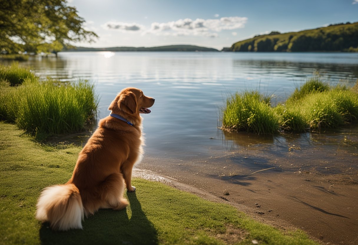 A nova scotia duck tolling retriever sits alertly by the water, ears perked and tail wagging, eagerly awaiting the arrival of ducks