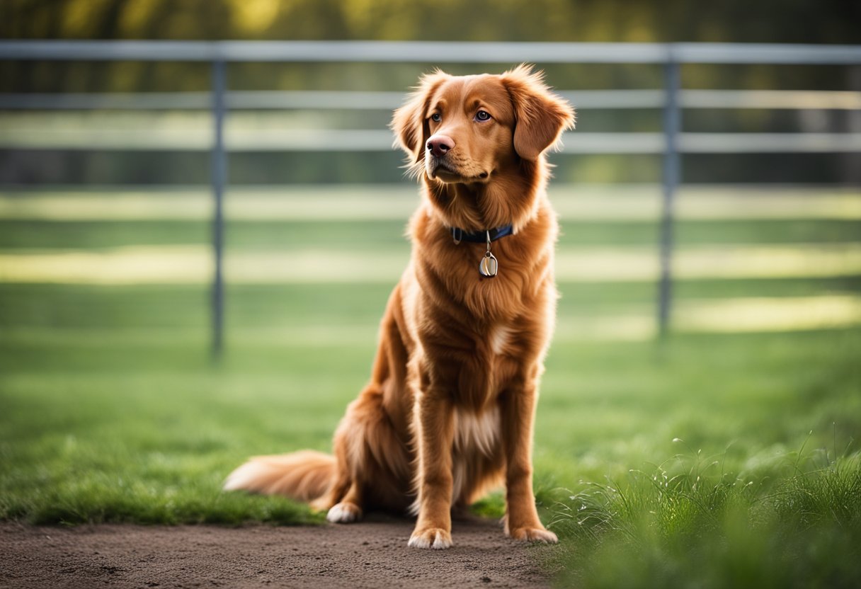 A Nova Scotia Duck Tolling Retriever stands alert, with a friendly and intelligent expression. Its medium-sized, muscular build exudes energy and agility