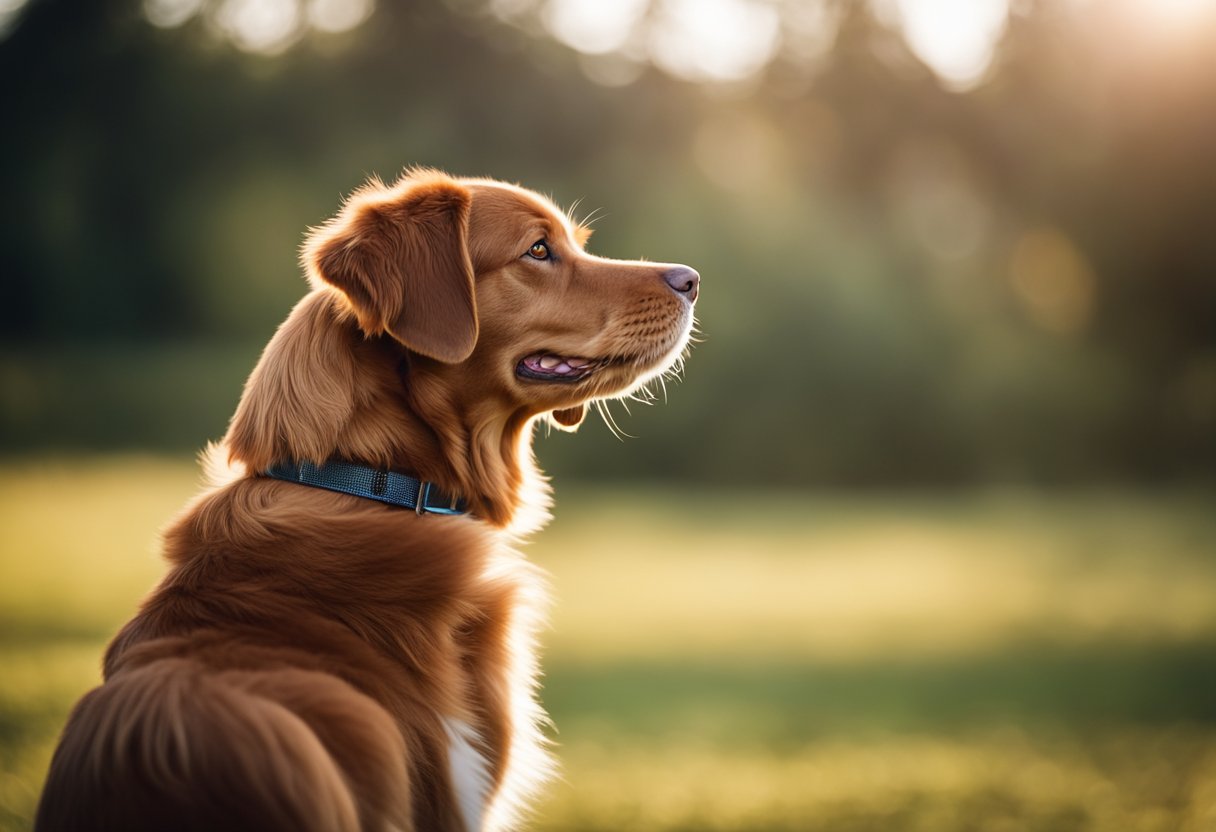 A nova scotia duck tolling retriever stands alert, with a wagging tail and bright, intelligent eyes, showcasing its friendly and outgoing personality