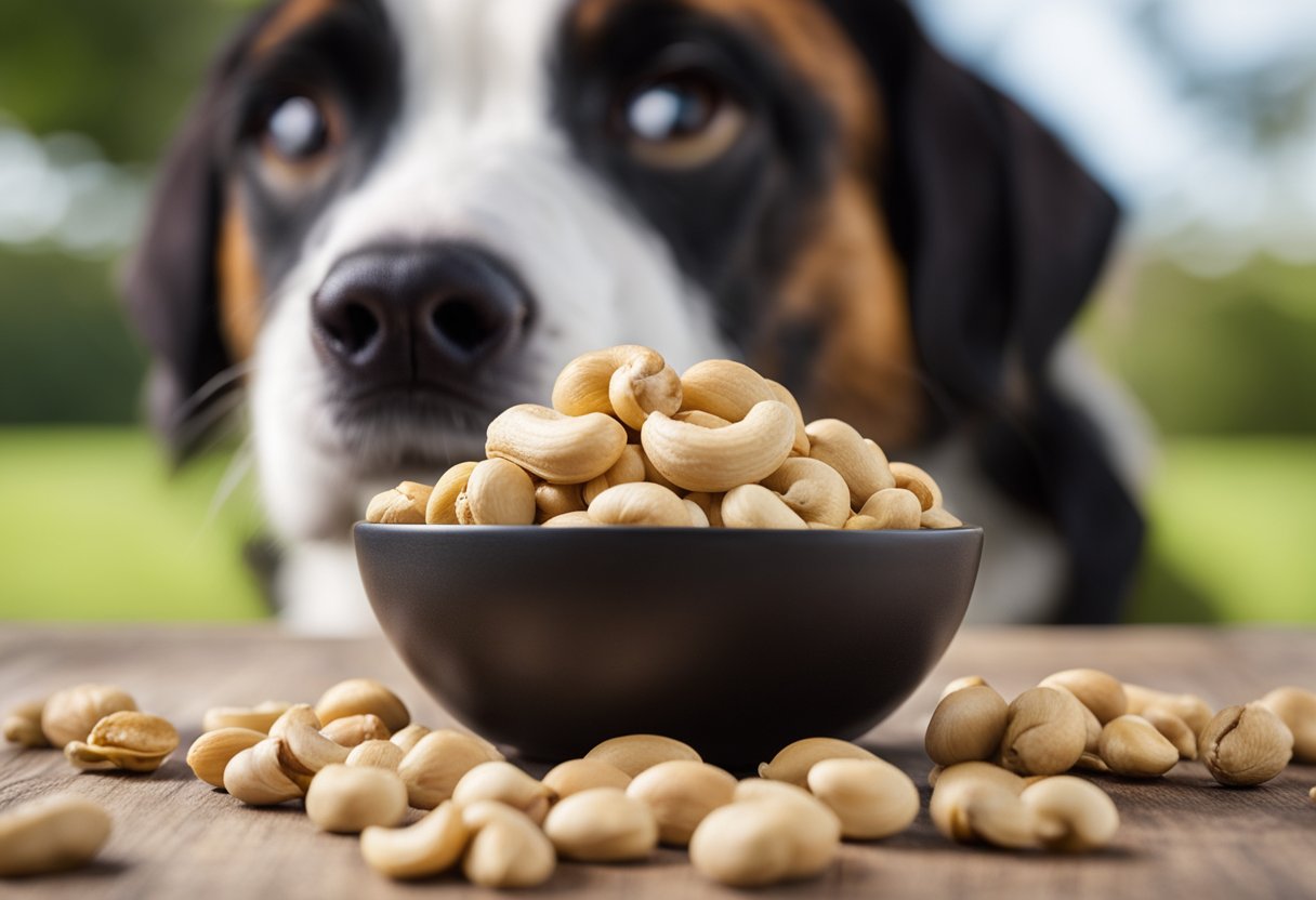 A pile of cashews with a dog in the background, looking curiously at the nuts. A nutritional chart showing the benefits of cashews for dogs