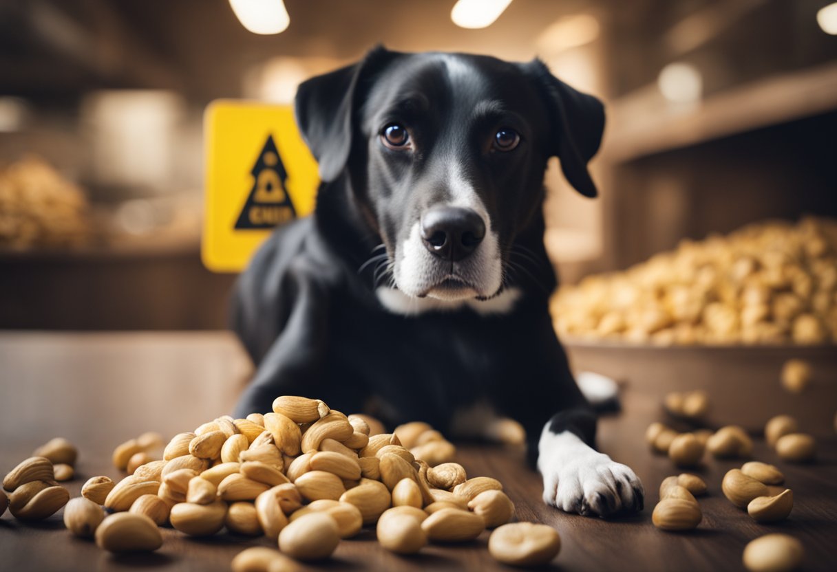 A dog looks at a pile of cashews with a caution sign next to it