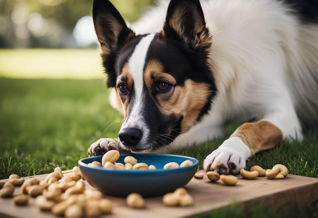 A dog happily eats cashews from a bowl, with a water bowl nearby