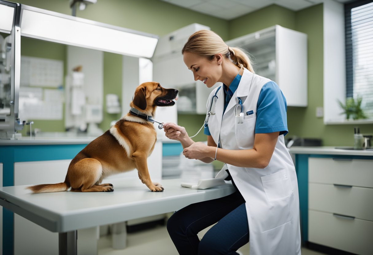 A veterinarian administers shots to dogs yearly in a bright, clean exam room with a table, medical supplies, and a happy, wagging dog