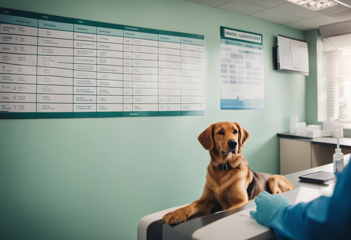 A dog receiving core vaccines from a veterinarian, with a chart of their vaccine schedule on the wall