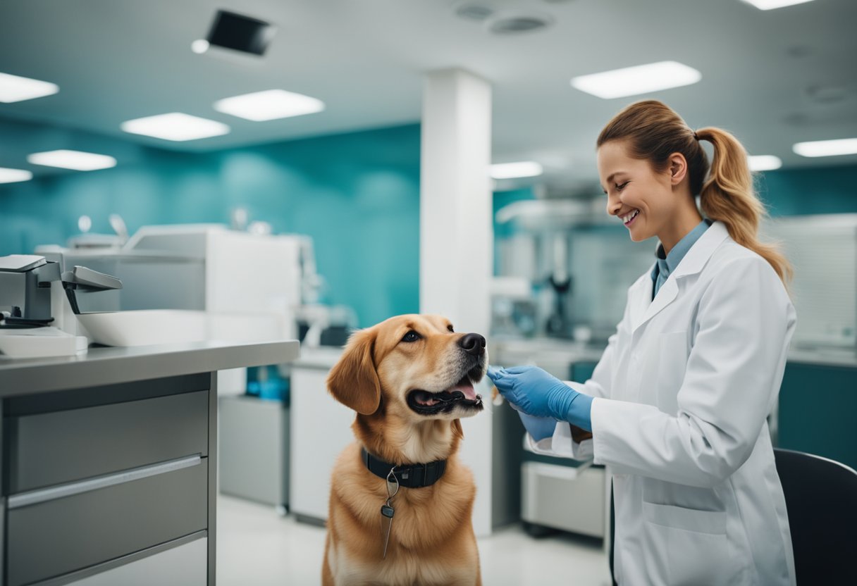 A happy dog receiving non-core vaccines at the vet's office yearly