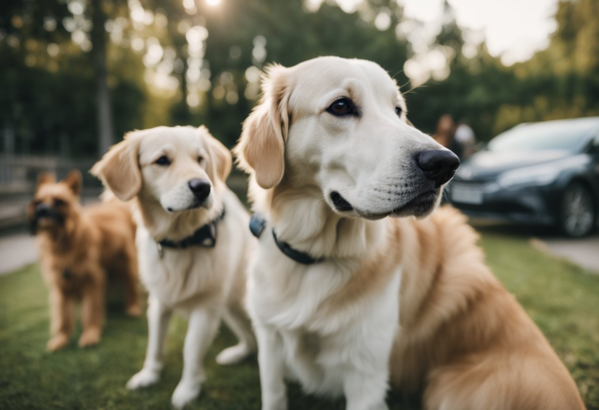 A group of dogs interact, one with visible pyoderma. Other dogs sniff and play nearby