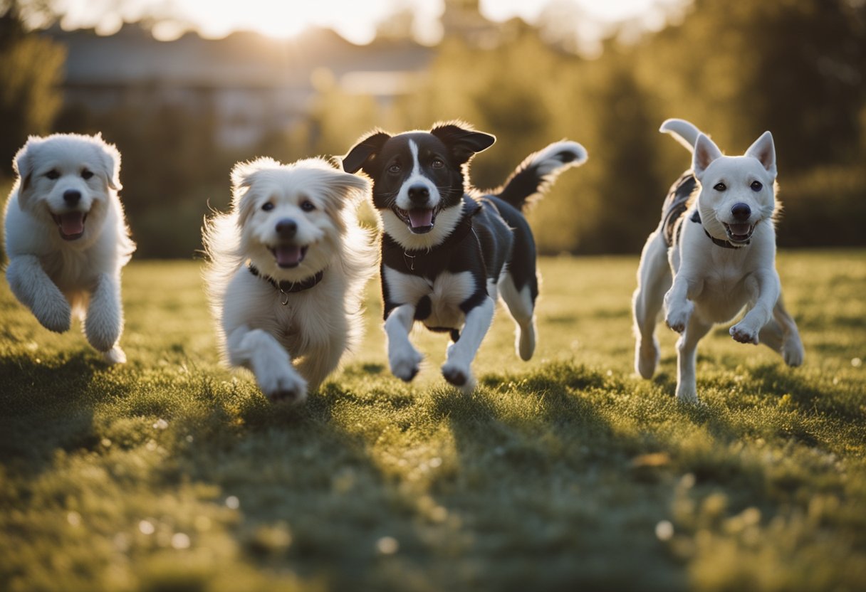 A group of dogs playing together, one with visible skin lesions, while others sniff and interact closely