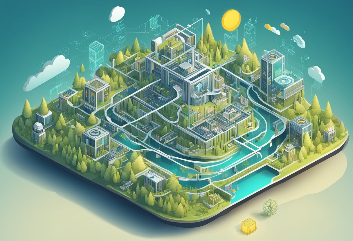 A digital landscape with interconnected gears and circuits, symbolizing the development of digital skills and a digital mindset