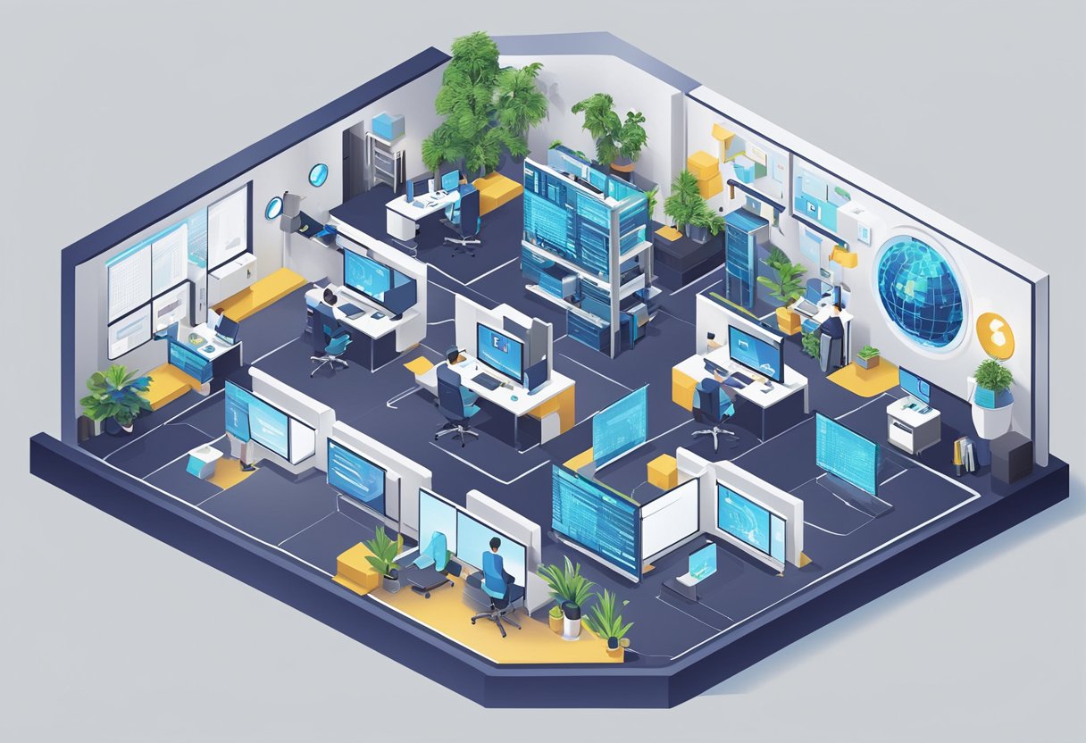 A digital mindset transforming an organization, symbolized by a traditional office space evolving into a futuristic, tech-infused environment