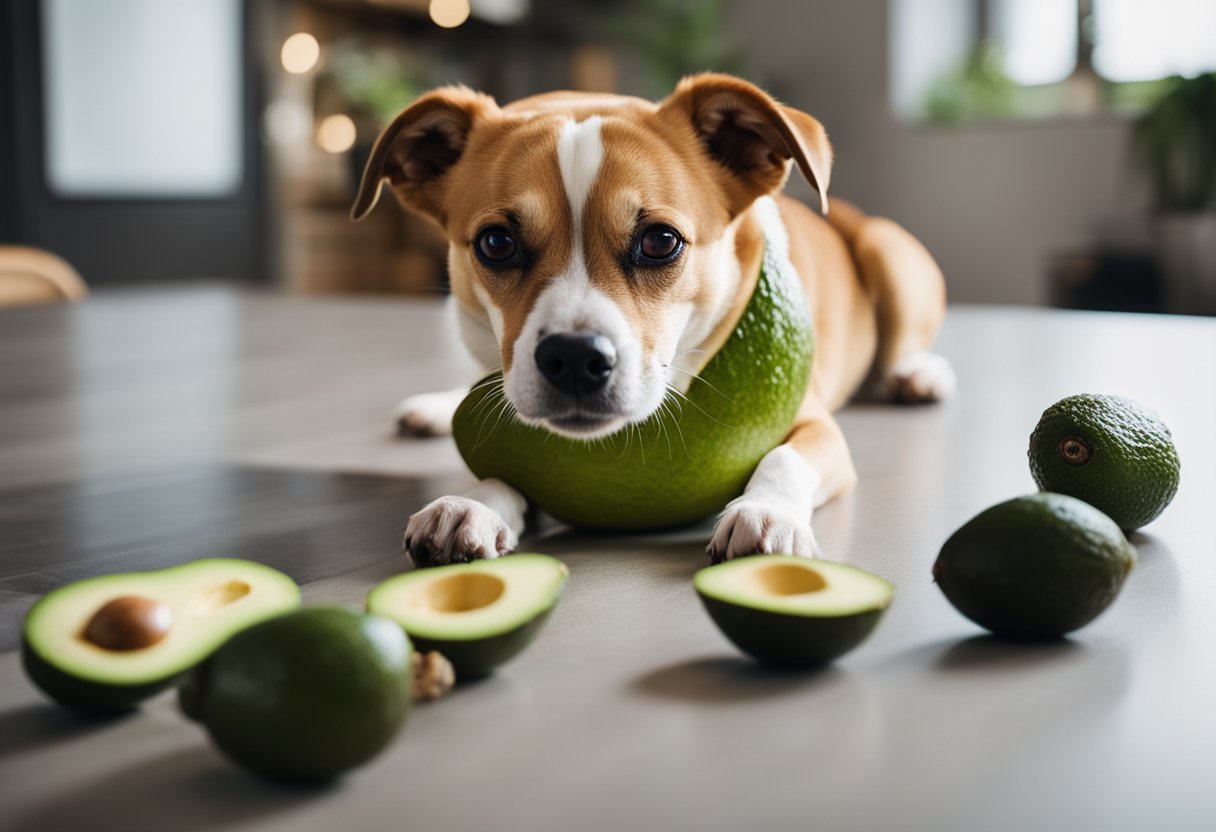 A happy dog eagerly eats a ripe avocado, wagging its tail in approval