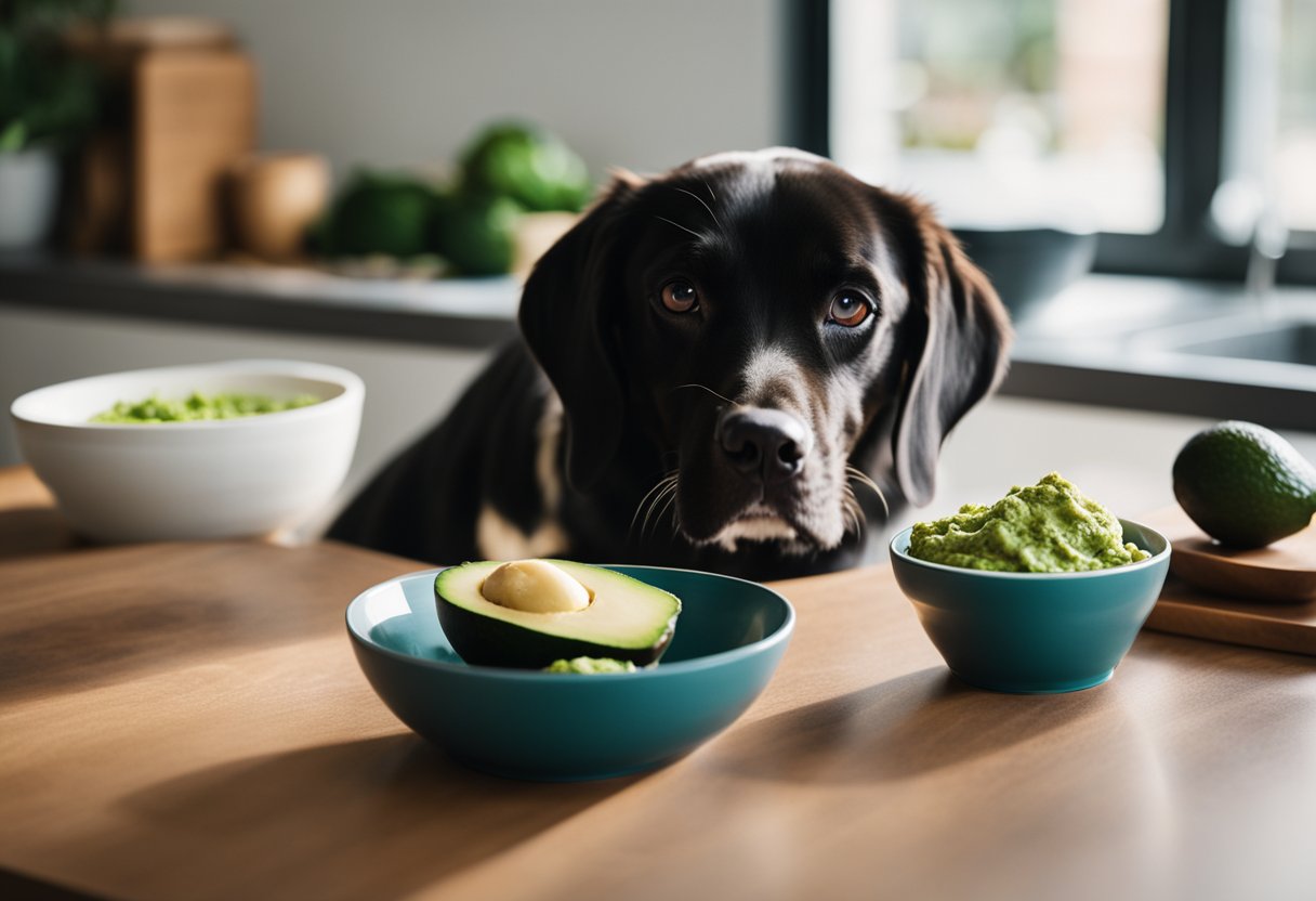 A bowl of ripe avocados next to a dog bowl, with a curious dog sniffing at the avocados