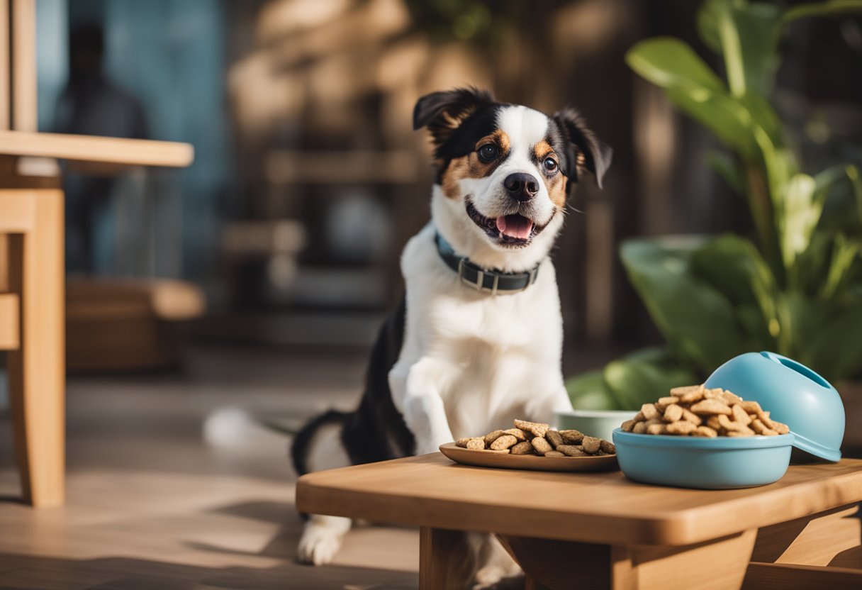 An avocado sits next to a happy dog, both surrounded by various healthy dog treats and a water bowl