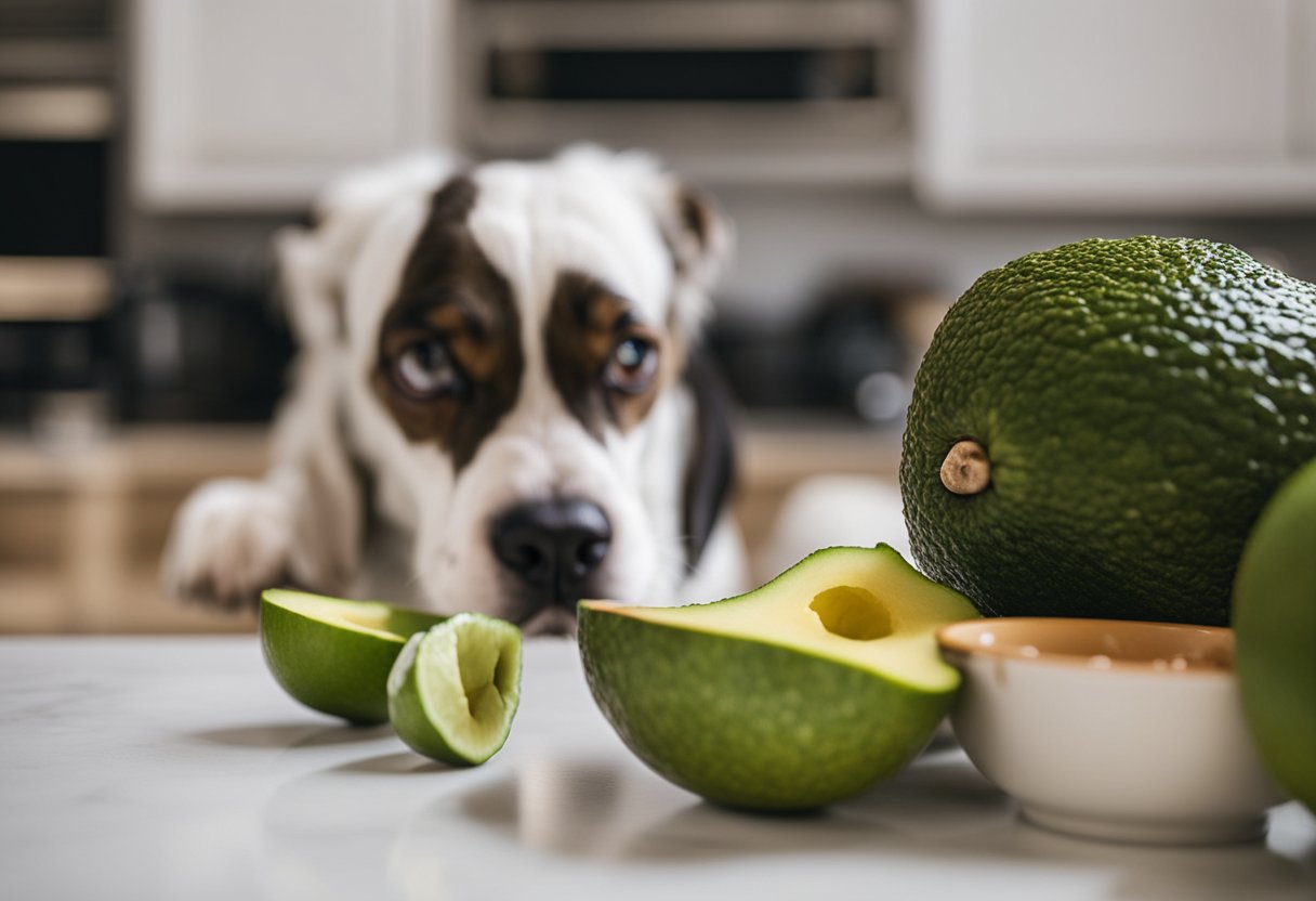 An avocado sits on a kitchen counter next to a dog bowl. The dog eagerly sniffs at the fruit, while a concerned owner watches nearby