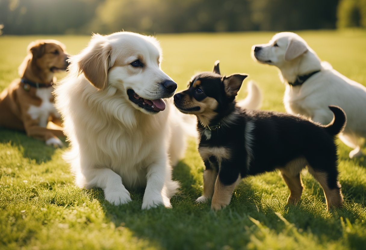 Puppies play with older dogs in a spacious, grassy area. The sun is shining, and the dogs are happily interacting with each other