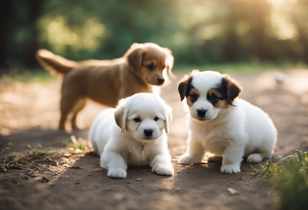 Puppies playing in a safe and supervised environment with other dogs of similar age, learning social skills and proper behavior through positive interactions