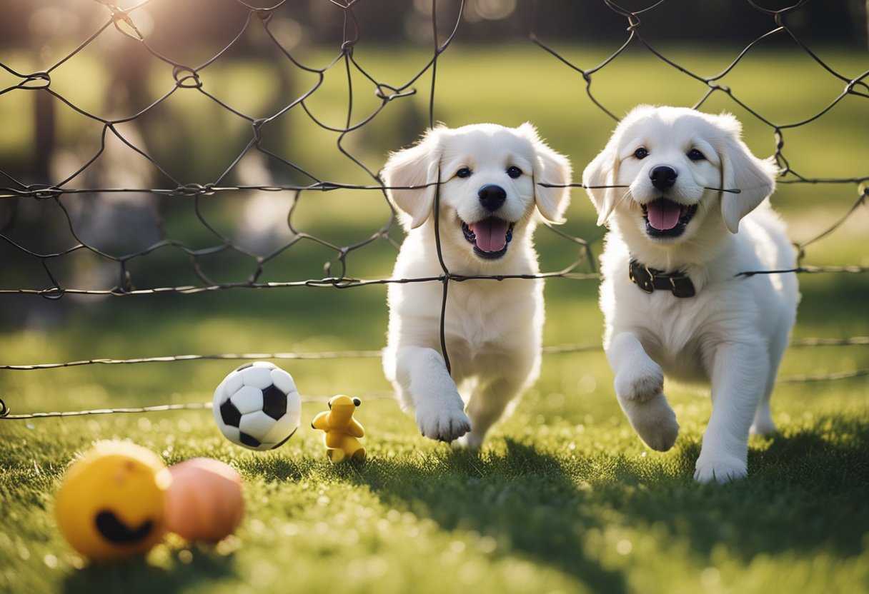 Puppies playing in a fenced yard with toys and gentle, vaccinated adult dogs