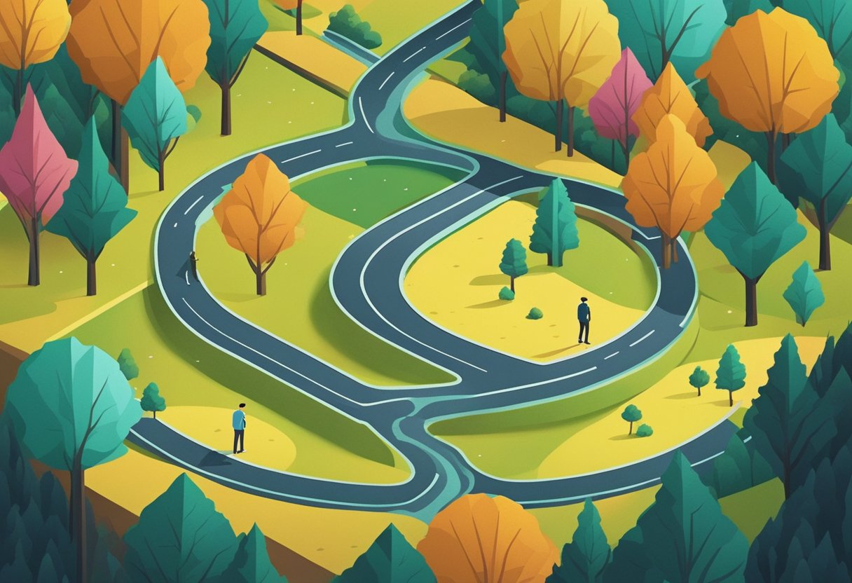 A person standing at a crossroads, with one path leading towards a bright, open landscape and the other towards a dark, mysterious forest