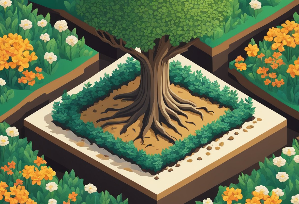 A tree with roots deep in the ground, surrounded by growing plants and flowers, symbolizing the concept and importance of mindset