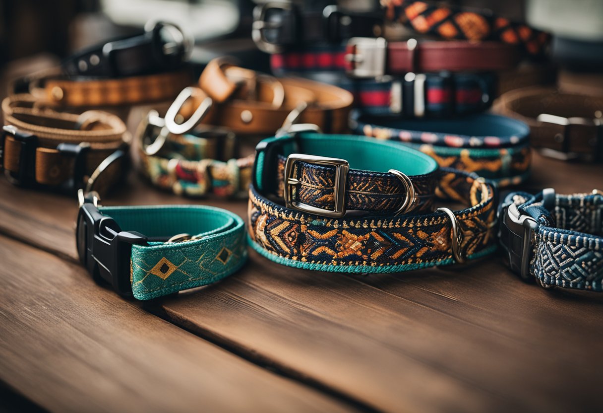 A variety of dog collars displayed on a wooden table with different colors, patterns, and materials