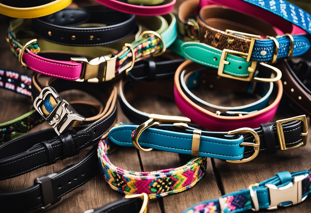 Various dog collars displayed on a table, including buckle, martingale, and harness styles. Bright colors and patterns add visual interest