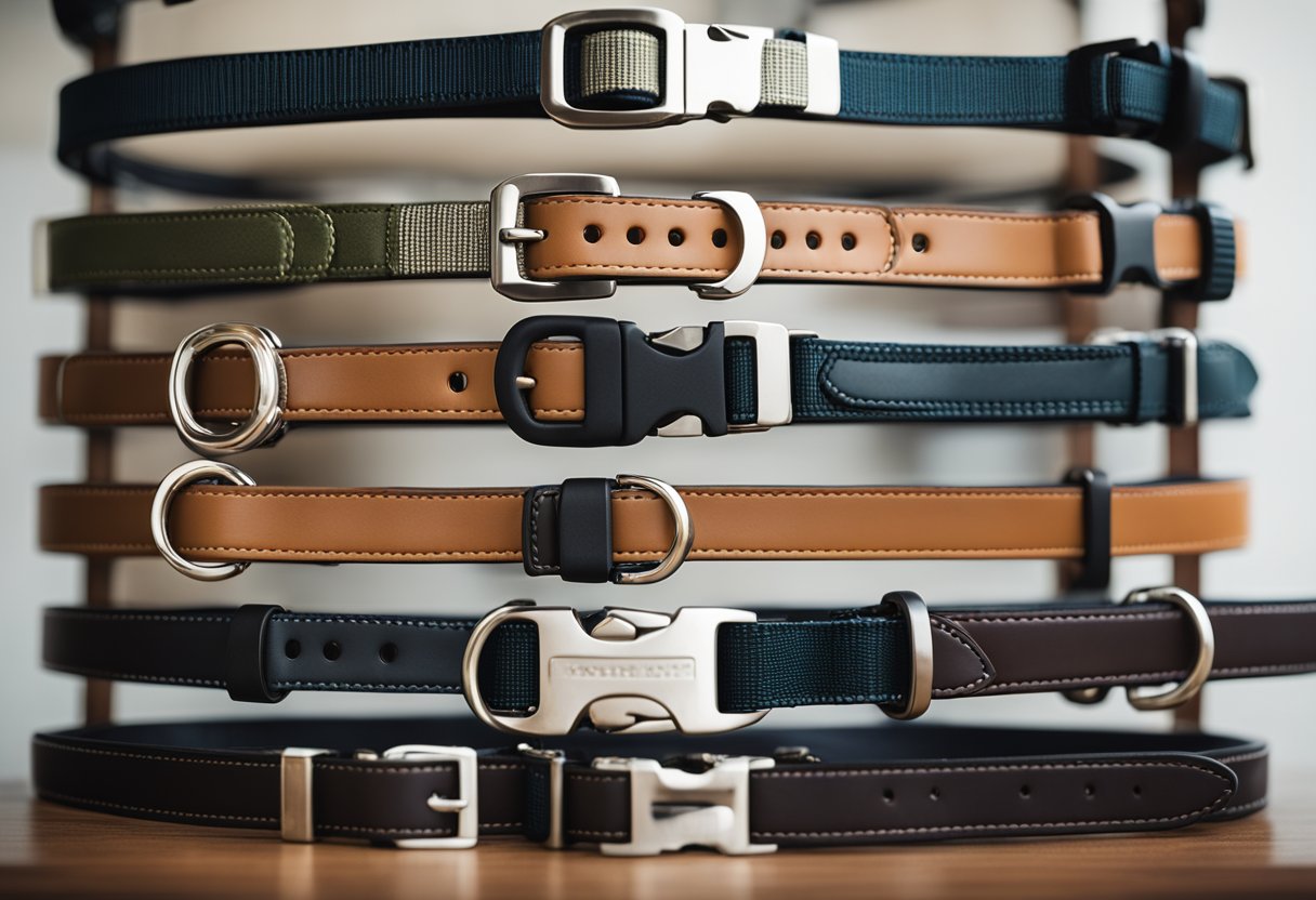 A variety of dog collars displayed on a table, including buckle, martingale, and harness styles. A dog breed chart hangs on the wall behind