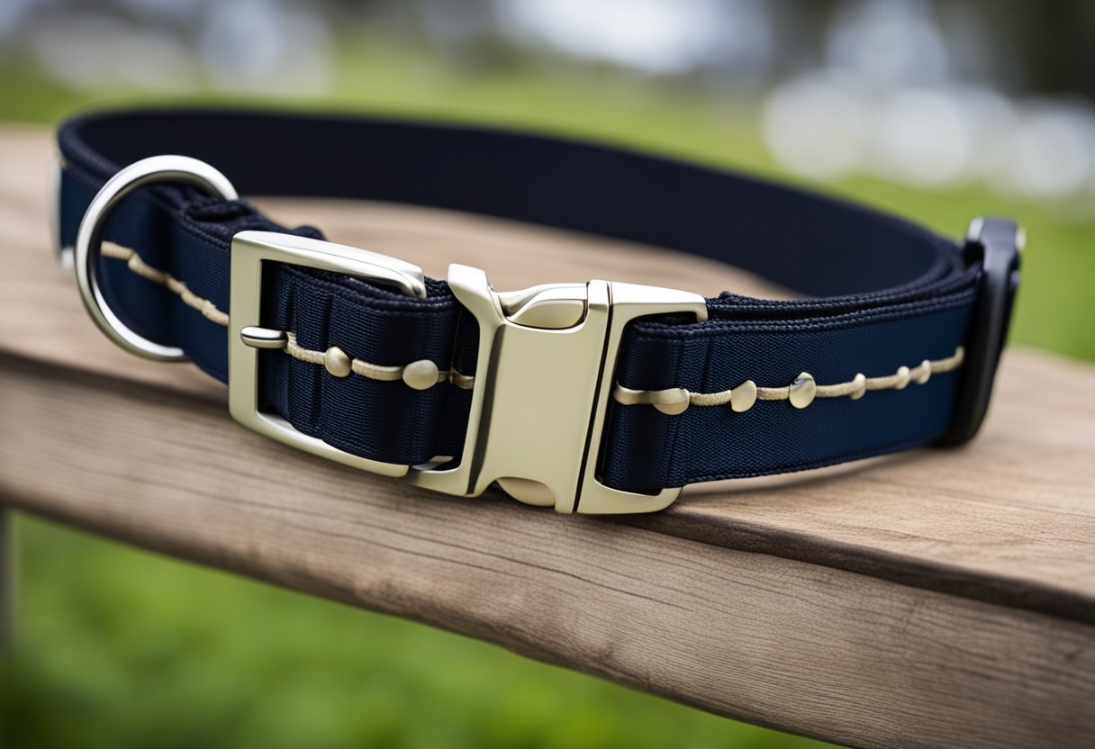 A sturdy dog collar with a built-in handle, made of durable material and adjustable straps for a secure fit