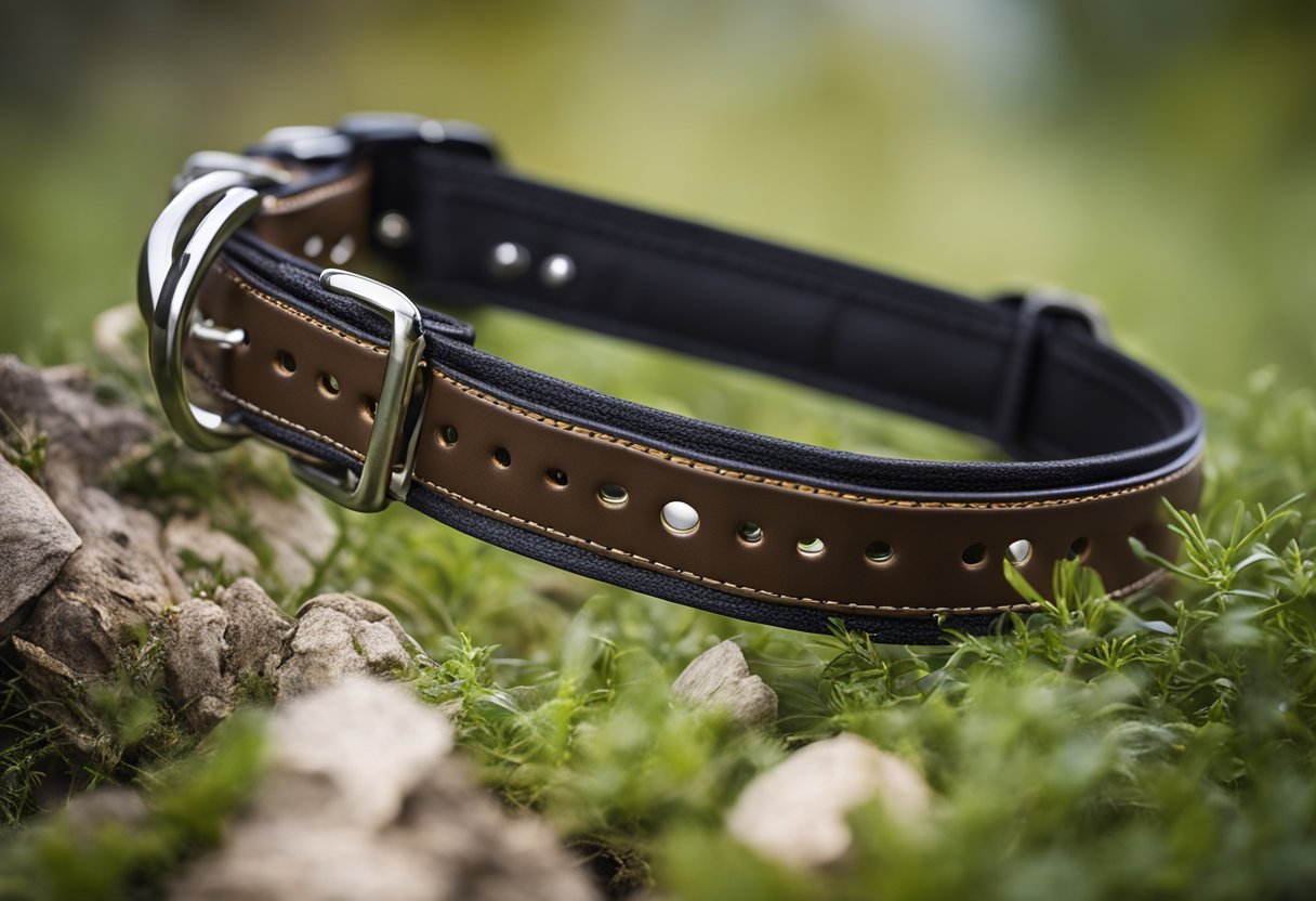 A sturdy dog collar with a built-in handle, crafted from durable materials like leather or nylon, with reinforced stitching for added strength