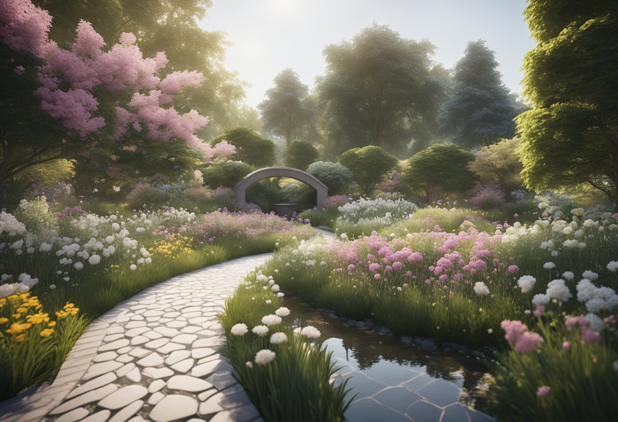 A peaceful garden with blooming flowers and a winding path leading to a tranquil pond