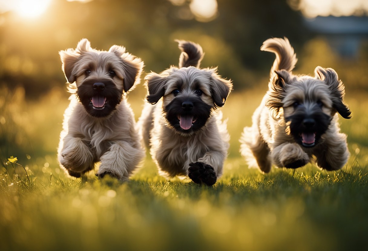 Three playful briard puppies romp in a sunlit meadow, their fluffy coats bouncing as they chase each other in a joyful game of tag