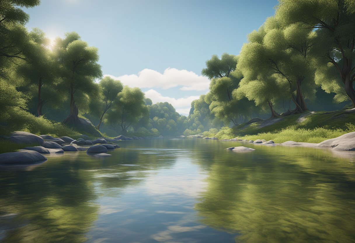 A serene landscape with a clear blue sky, lush green trees, and a calm river flowing through the scene