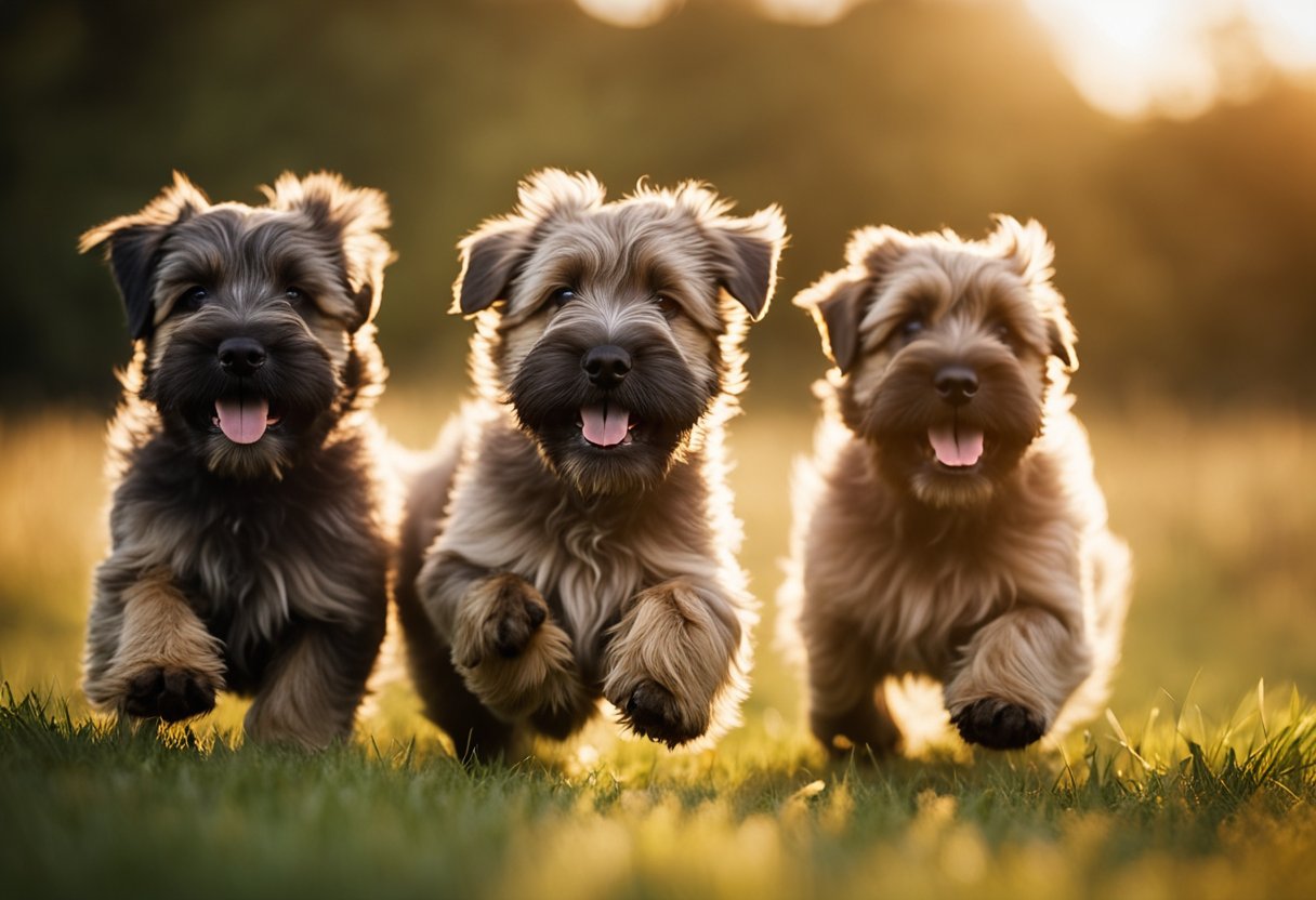 A litter of Briard puppies play in a grassy field, their fluffy coats bouncing as they chase each other. The sun shines down, casting a warm glow on the adorable, lively scene