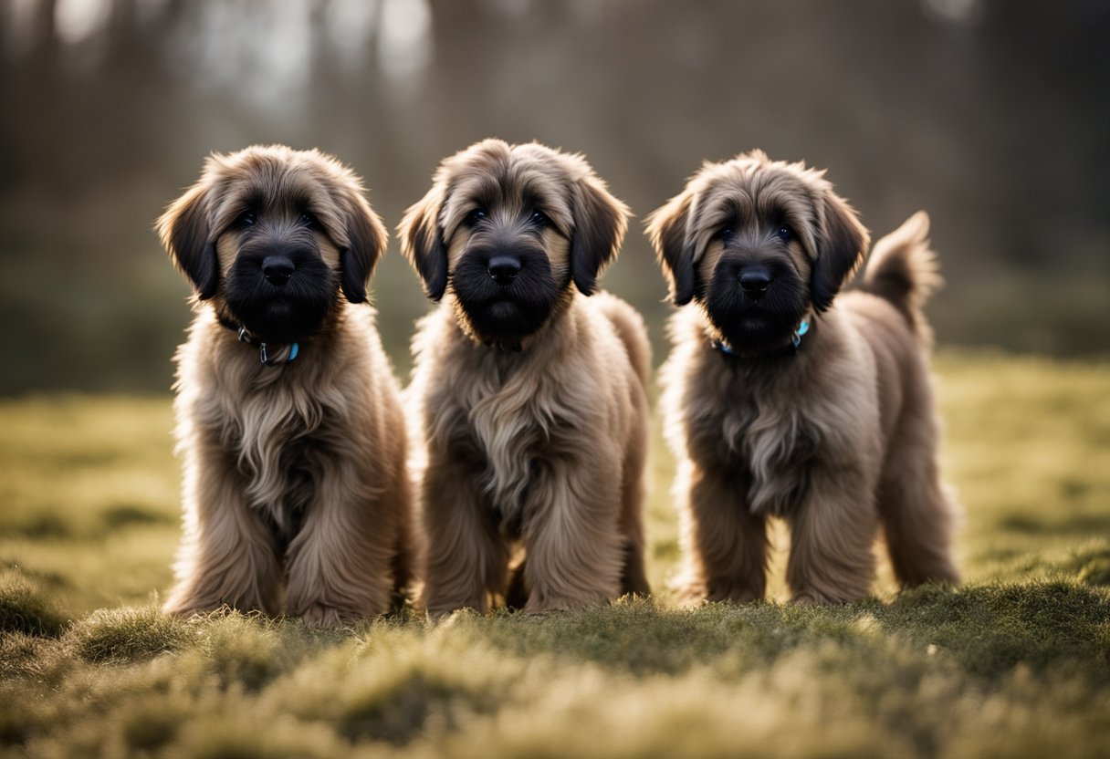 A group of playful briard puppies, with long, shaggy coats, standing tall and alert with their expressive eyes and distinctive double dewclaws