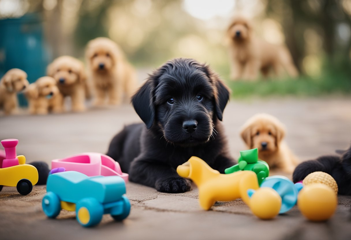 A litter of playful briard puppies surrounded by toys and receiving tender care from their mother