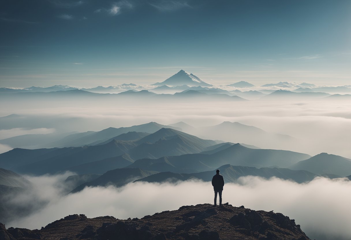 A lone figure stands atop a mountain peak, gazing out at a vast, otherworldly landscape, with swirling clouds and distant, alien structures
