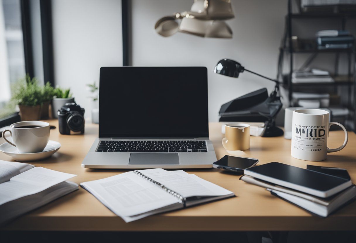 A cluttered desk with scattered papers, a laptop, and a cup of coffee. A motivational poster on the wall reads "Mindset" in bold letters