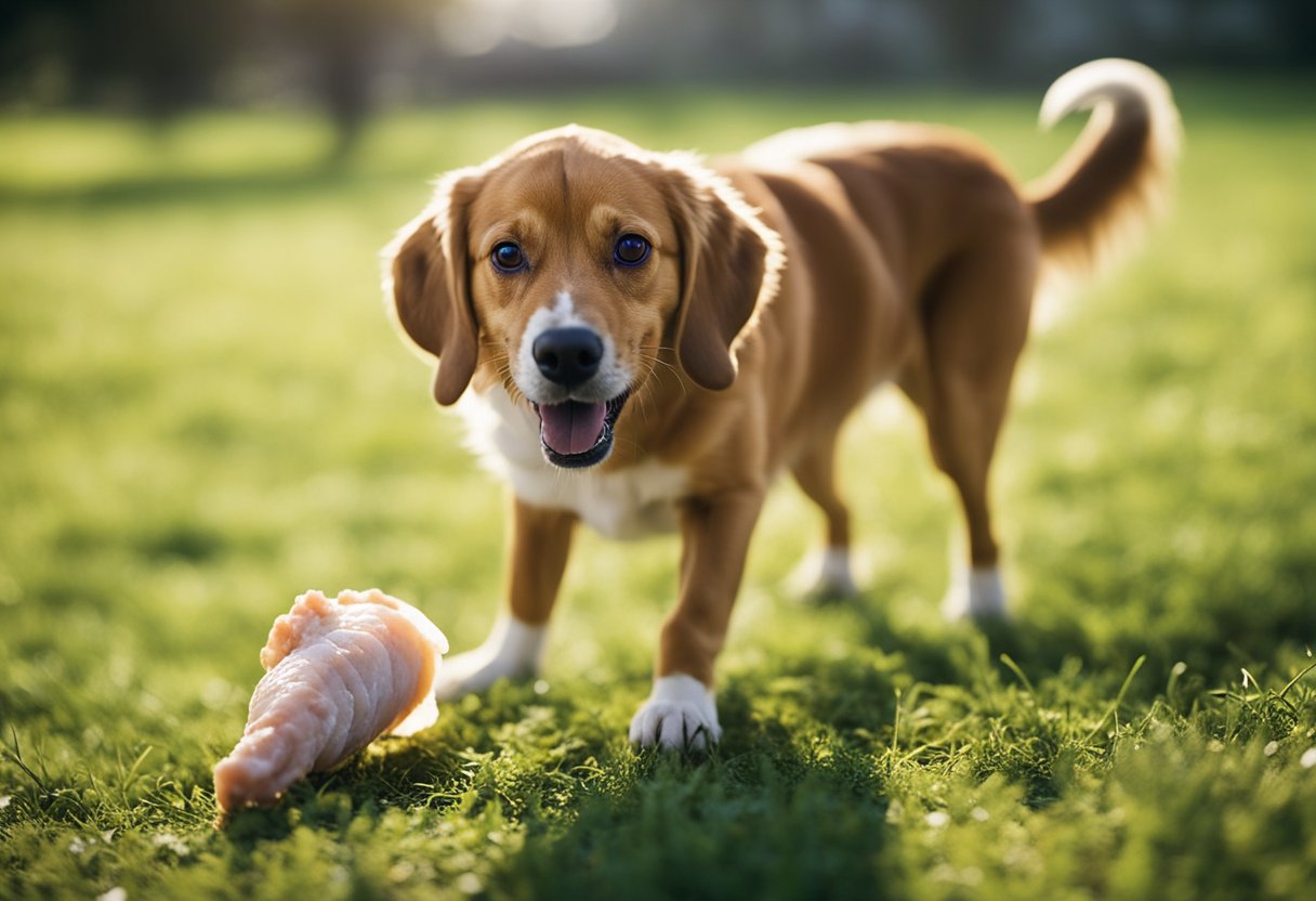 A dog eagerly chews on a raw chicken leg, its tail wagging in excitement. The dog's eyes are bright and its coat is shiny, depicting the health benefits of raw chicken for dogs