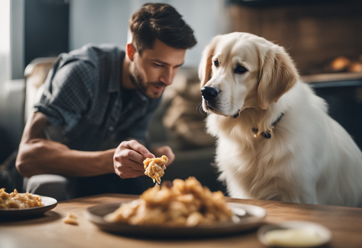 A dog eagerly eats raw chicken, while a worried owner looks on