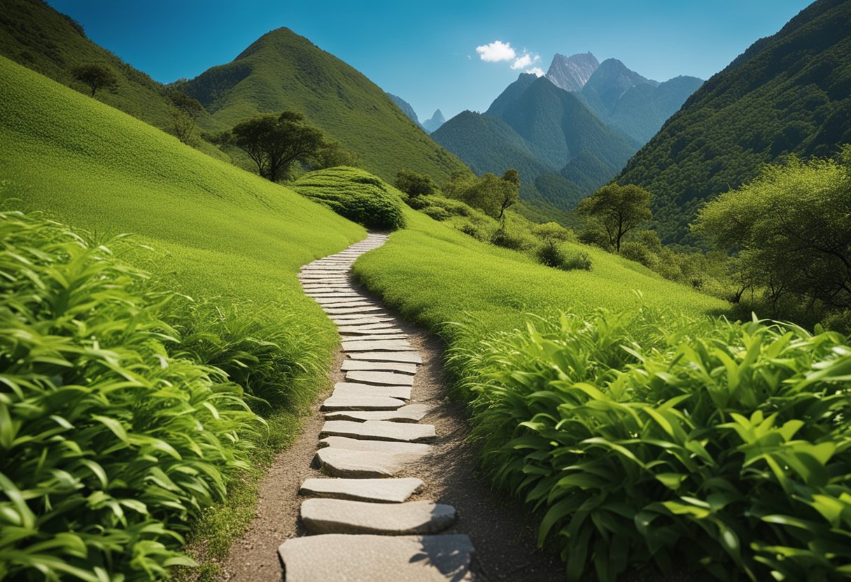 A serene landscape with a winding path leading to a mountain peak, surrounded by lush greenery and a clear blue sky