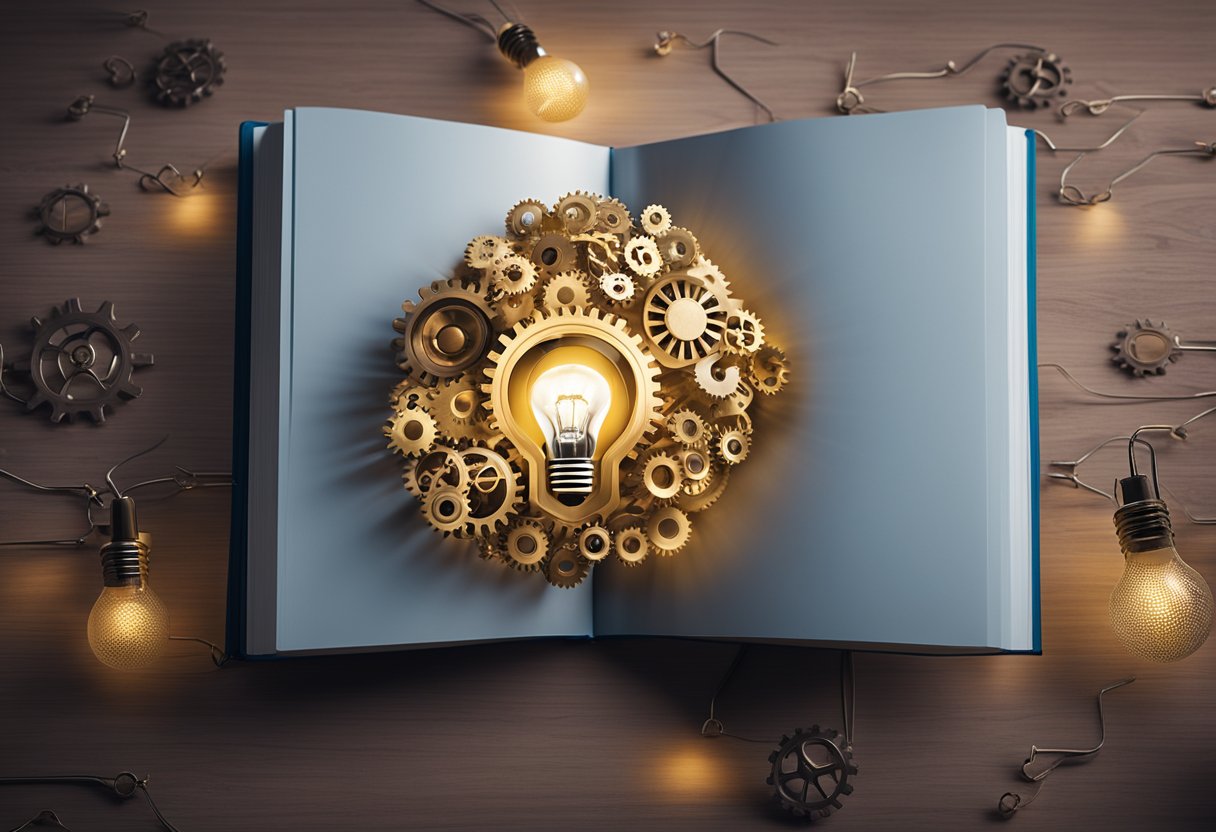 A book titled "Implementing Advanced Mindset" by Pablo Marçal, with a brain surrounded by gears and a lightbulb symbolizing innovation and growth mindset