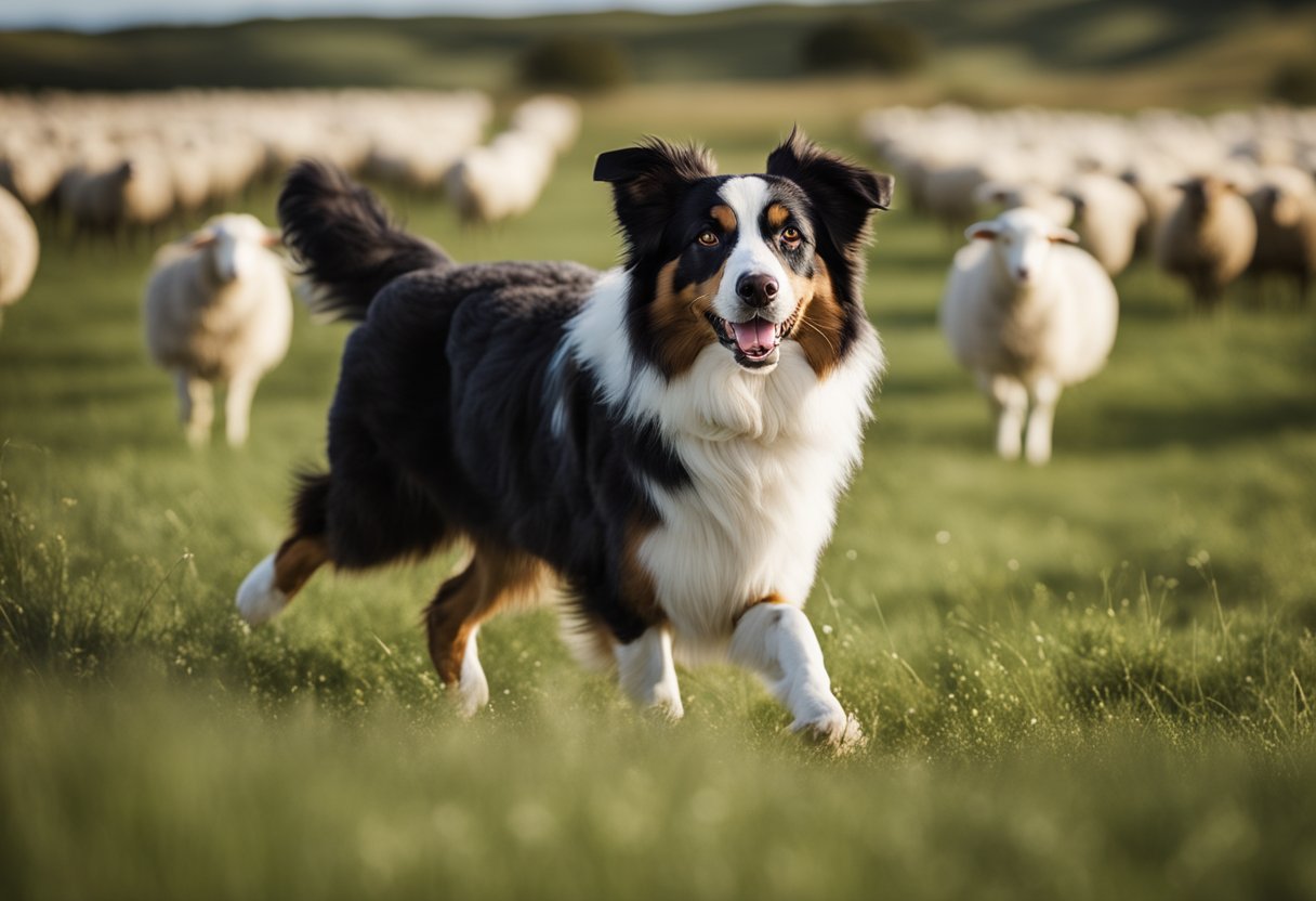 An Australian shepherd herding sheep in a vast, open field with rolling hills and a bright blue sky