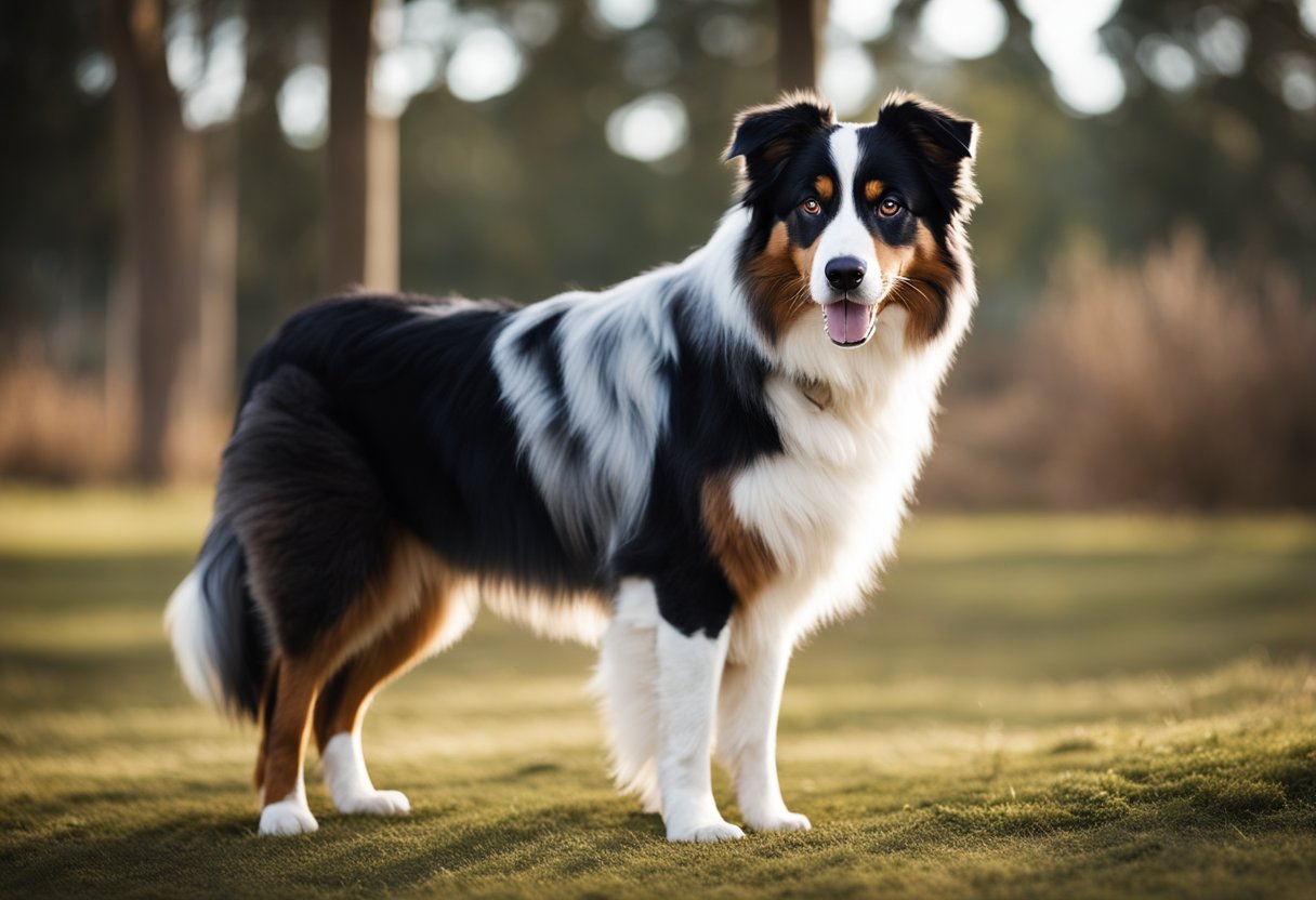 The Australian Shepherd stands alert, with a strong, athletic build. Its coat is medium length and comes in various colors, with distinctive markings