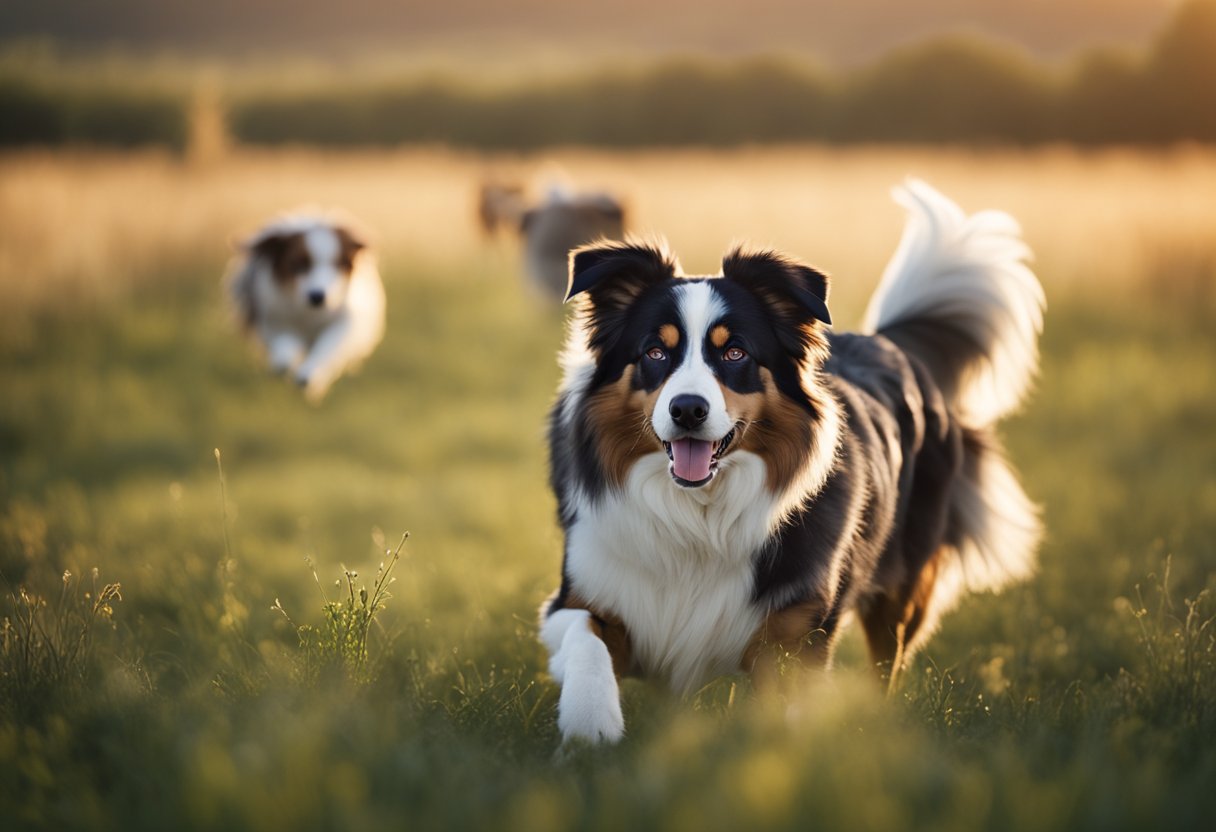 An Australian Shepherd herding livestock in a wide open field, displaying intelligence, agility, and a strong work ethic