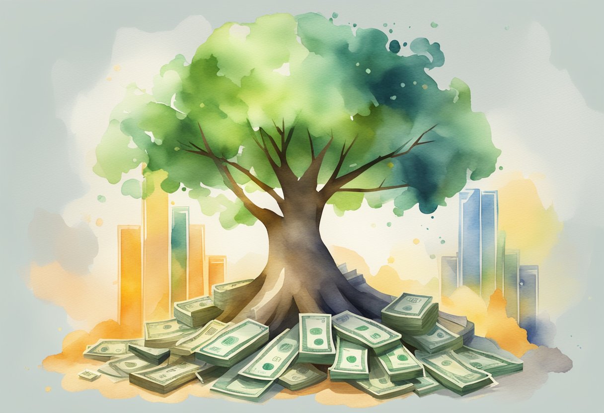 A pile of money grows on a tree, surrounded by financial charts and graphs, symbolizing the growth and abundance of financial success