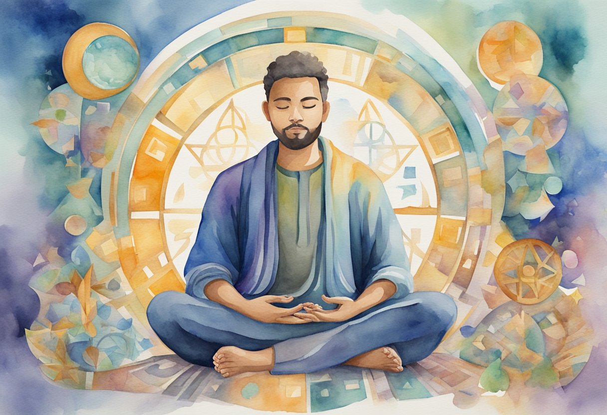 A person sits in meditation, surrounded by symbols of self-discovery and personal beliefs, with financial mindset at the center