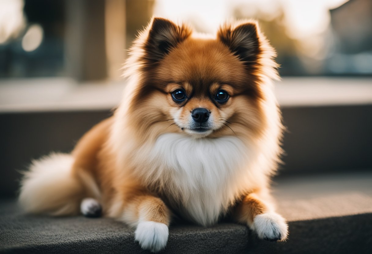 A pomeranian sits with a sad expression, scratching at its irritated skin. Its fur is patchy, and it looks uncomfortable