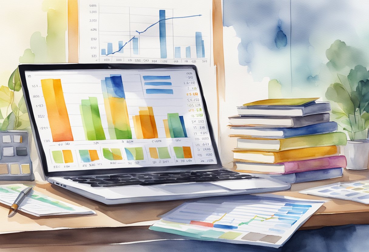 A table with financial charts and graphs, a laptop with a spreadsheet open, and a stack of books on financial planning