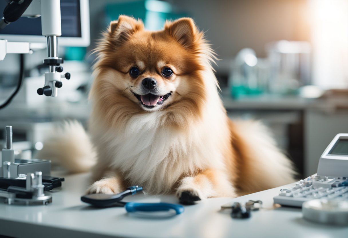 A Pomeranian dog sits on a veterinarian's table, surrounded by medical equipment and charts. The vet examines the dog's coat and teeth, checking for signs of common health issues