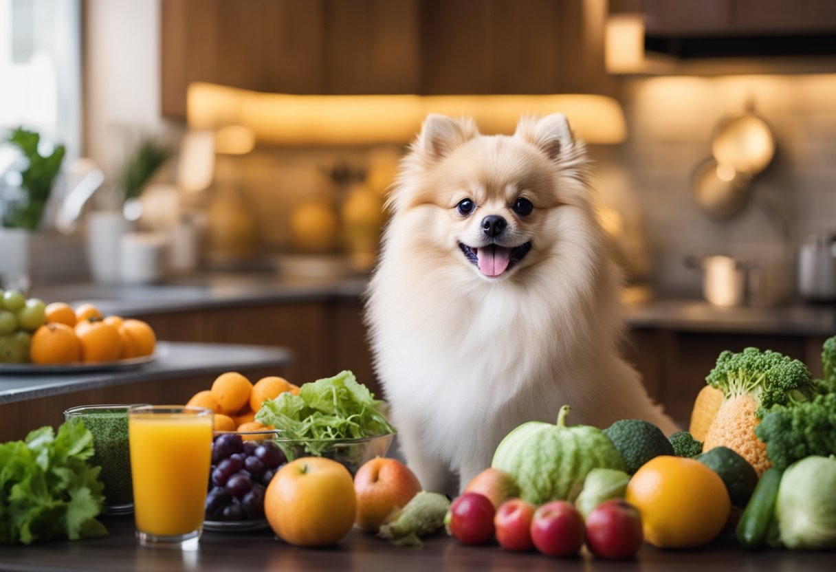 A pomeranian looks at a bowl of healthy food, surrounded by fruits and vegetables. A chart showing common health issues for the breed is displayed in the background